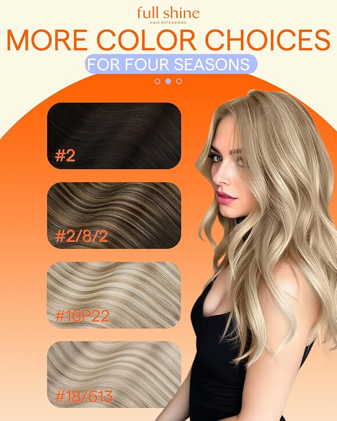 Full Shine Invisi Edge Clip in Hair Extensions Light Blonde Highlighted Golden Blonde Injected Seamless Clip in Hair Extensions PU Skin Weft 16 Inch 6 PCS 120 Grams