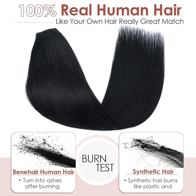 Benehair One Piece Clip in Hair Extensions Real Human Hair 3/4 Full Head V Shaped Weft Thicker Hair Lace Net One Piece Hair Extensions with 5 Clips (22"-75g #1 Dark Black)