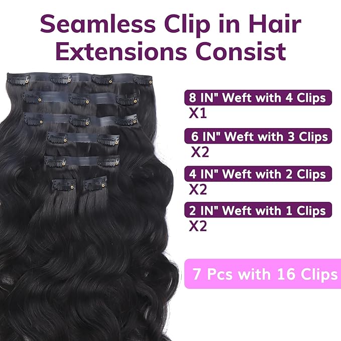IDN BEAUTY Seamless Clip In Hair Extensions Human Hair, 100g 14 Inch Natural Black Real Virgin Human Hair Body Wave Seamless Clip Ins For Black Women PU Weft Invisible Edge 7pcs Thick Enhancement