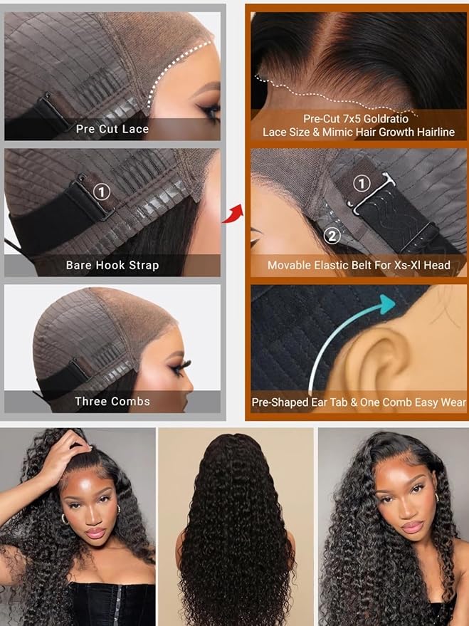 Julia Hair Water Wave 7x5 Bye Bye Knots Glueless Wig with Baby Hair HD Lace Pre Everything with Drawstring Wigs Human Hair Pre Plucked Pre Cut Bleached Knots Put on and Go Natural Hairline 14 Inch