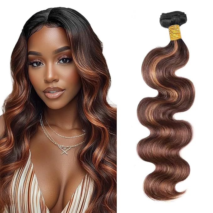Freiuoke Brown Bundles Human Hair Color 30 Body Wave Bundles 20 Inch Highlight Body Wave 1 Bundle/50g Soft and Shiny Remy Hair Extensions