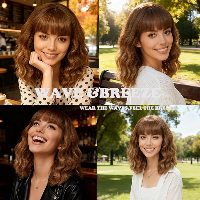 WAVE&BREEZE Honey Brown Mixed Blonde Wig with Bangs Short Curly Bob Wigs for Women 14 Inch Shoulder Length Natural Looking Hair Replacement Wigs for Cosplay Party Use