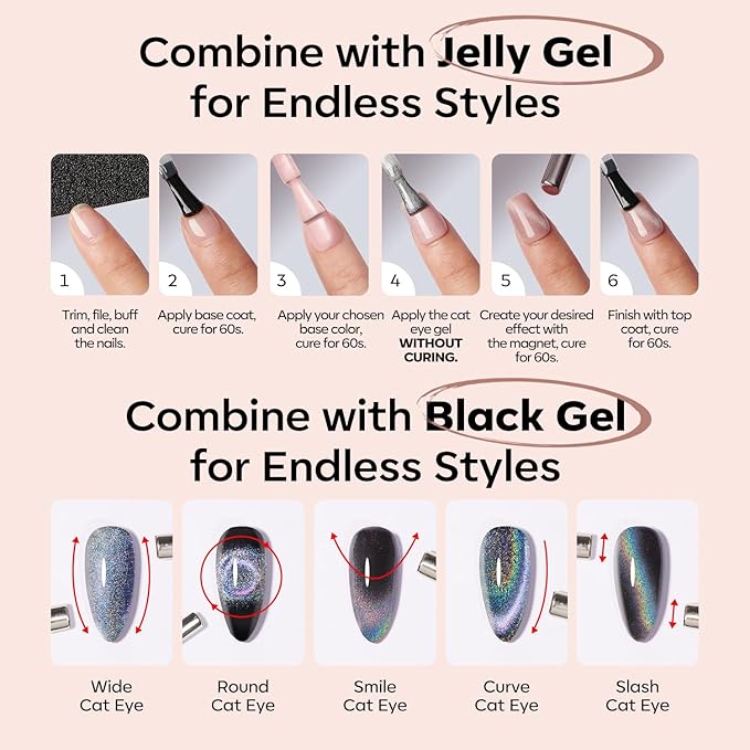 modelones Cat Eye Gel Nail Polish Nude Gel Polish Glass Shimmer Glitter with Magnet Silk Cat Eye Holographic Reflective Soak Off LED Nail Art Manicure 15ML