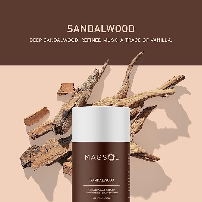 MAGSOL Magnesium Deodorant for Men, Aluminum Free, Baking Soda Free Natural Deodorant for Sensitive Skin, Long Lasting Odor Protection with Sweet Almond Oil, Sandalwood 2.6 oz