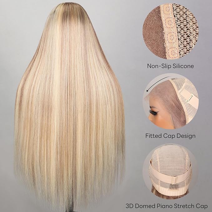 P10/613 Lace Front Wig Human Hair 13x4 Wear And Go Glueless Wigs Human Hair HD Blonde Highlight Lace Front Wig Light Brown Pre Plucked 240% Density (18inch, P10/613 Straight Wig)