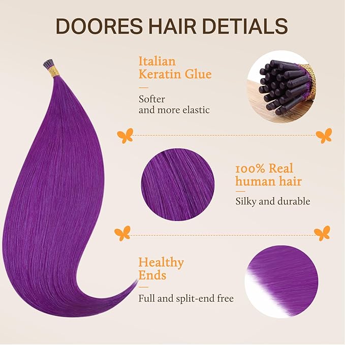 Doores I Tip Hair Extensions, Purple hair extensions 18 Inch 25g/25s, Extensions For Women, Natural Long Hair