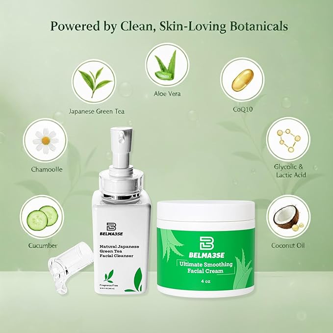Green Tea Cleanser 10.14 Fl Oz and Hydrating Facial Cream 4 Oz Set – Clean Beauty Routine with Aloe, Cucumber, Coconut Oil & Vitamin E – Lightweight, Vegan & Cruelty-Free