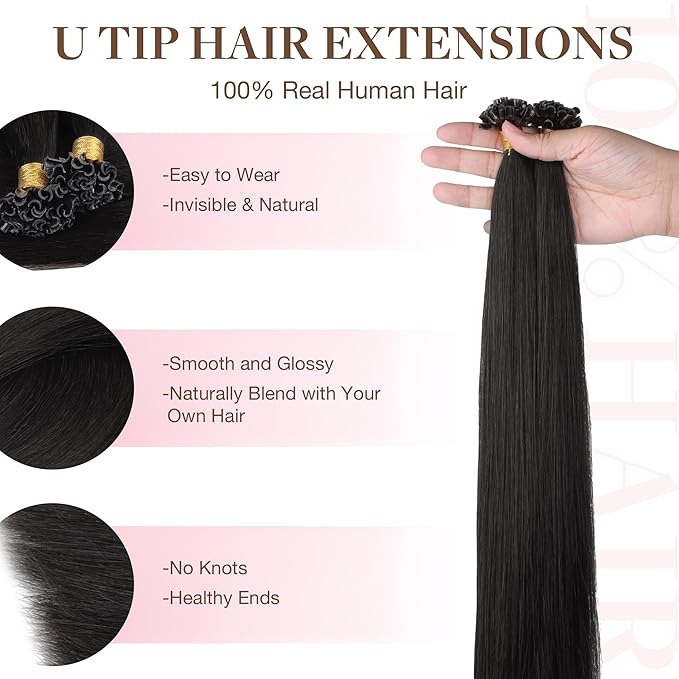 GOO GOO U Tip Hair Extensions - 18 Inch 50g 50S Real Human Hair, Hot Fusion Invisible Remy Extensions, 1B Natural Black