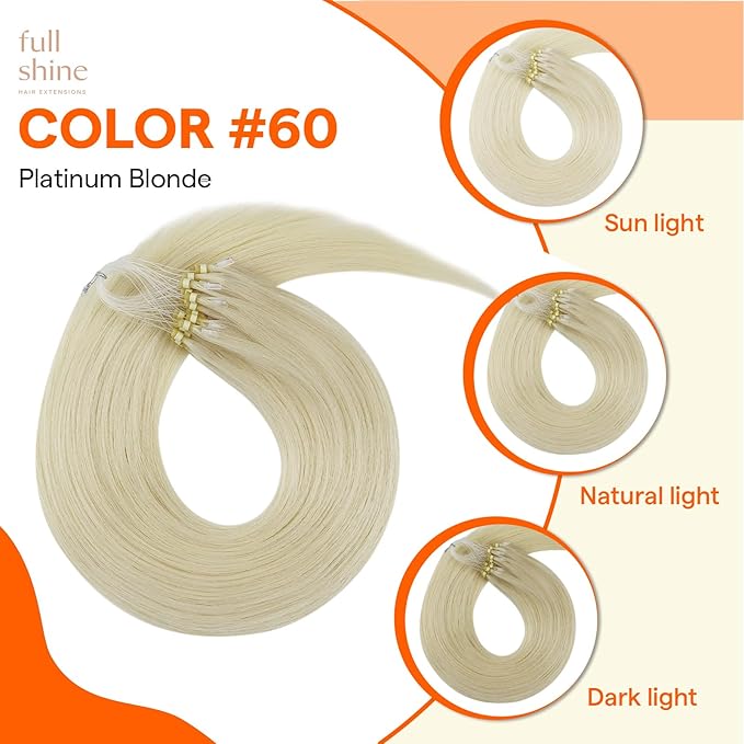 Full Shine Micro Loop Hair Extensions Human Hair 16 Inch Color 60 Platinum Blonde Prebonded Micro Link Hair Extensions Human Hair for Women 50G with 7G Micro Beads add Volume