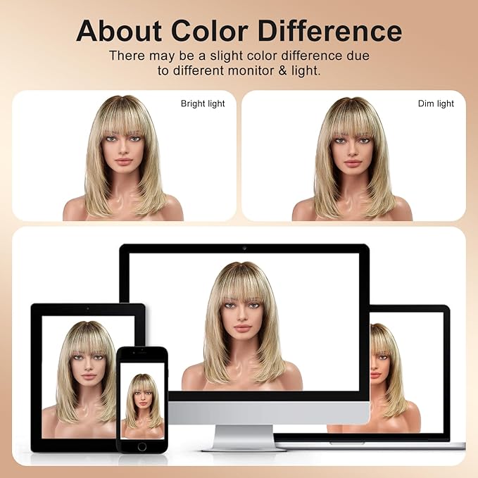 KKU 16 Inch Dark Brown Human Hair Wigs for Women,Layered Straight Hair Wig with Bangs,Wear Natural Realism