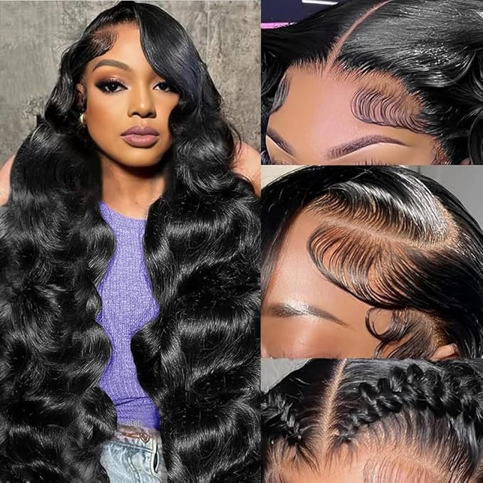 13x6 Body Wave Lace Front Wigs Human Hair Pre Plucked 200 Density Frontal Wigs Human Hair Brazilian Virgin Hair Glueless Wig for Women Natural Black 36 Inch