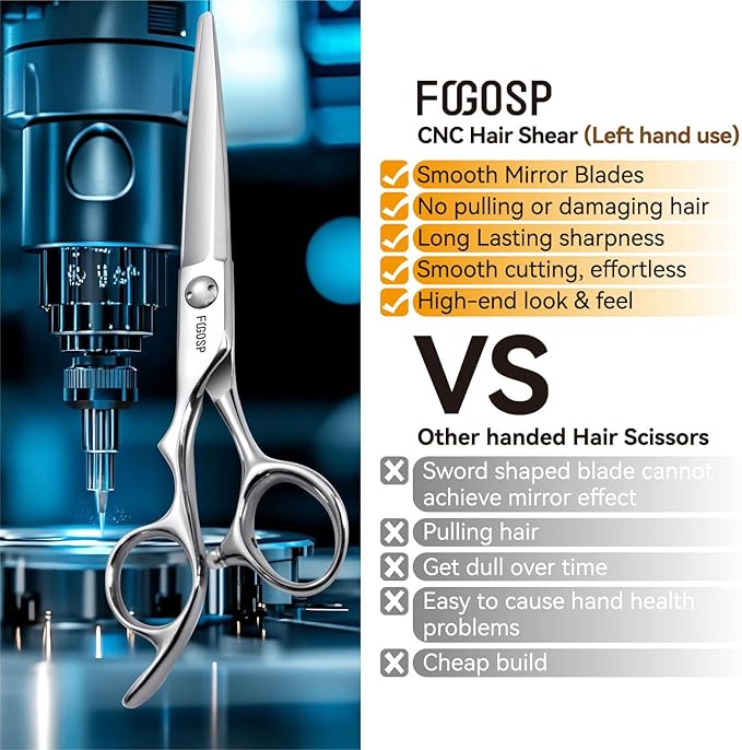 Left Handed Hair Cutting Scissors 6” Professional Barber Scissor Japan VG10 CNC Ultra-Precise Cuts, Razor Sharp Blades Hair Shears for Women & Men