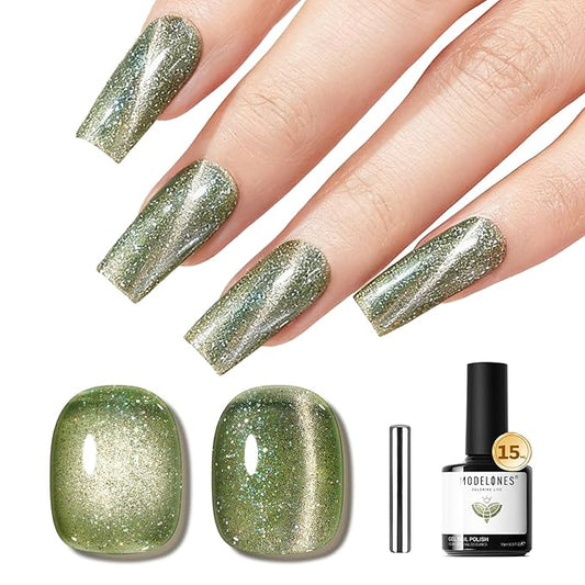 modelones Cat Eye Gel Nail Polish Glitter Green Polish with Magnet Sparkle Galaxy Series Nail Polish Soak Off Led Reflective Nail Art Gel Top Coat Manicure Salon DIY 15 ML
