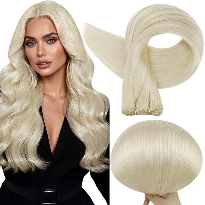 Full Shine Weft Hair Extensions Human Hair Color White Blonde Sew In Hair Extensions Remy Hair Invisible Sew In Extensions For Women Blonde Weft 20 Inch Remy Hair Full Head 105G