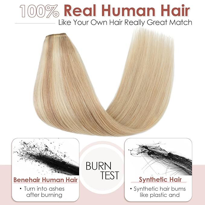 Benehair One Piece Clip in Hair Extensions Real Human Hair 3/4 Full Head Lace Net V Shaped Weft Thicker Hair One Piece Hair Extensions with 5 Clips (12"-55g #18P613 Ash Blonde Mixed Bleach Blonde)