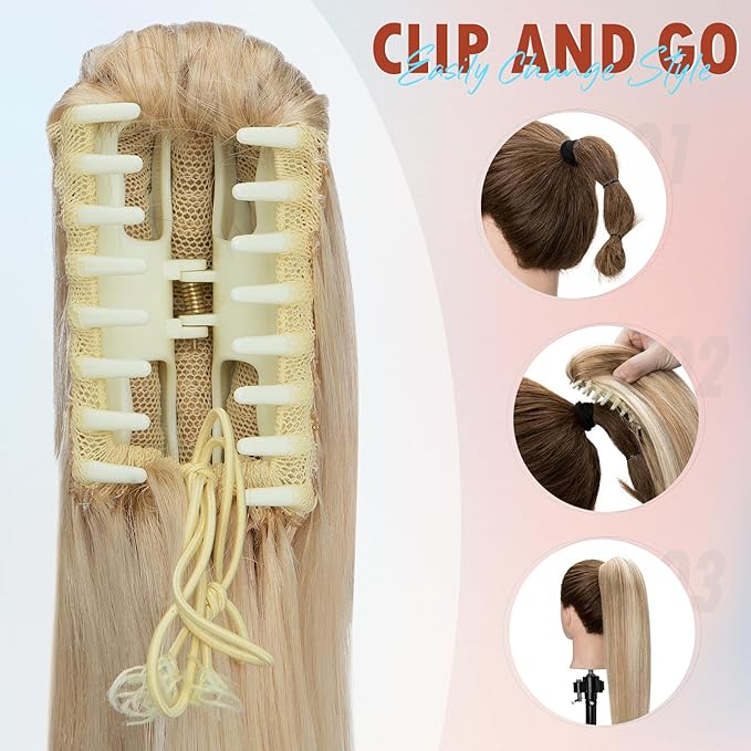 Hairro Claw Clip Ponytail Human Hair Extensions Jaw On Ponytails Remy Long Straight Jaw/Claw Clips Pony Tail Hairpieces For Women 22 Inch 120g #613 Light Blonde