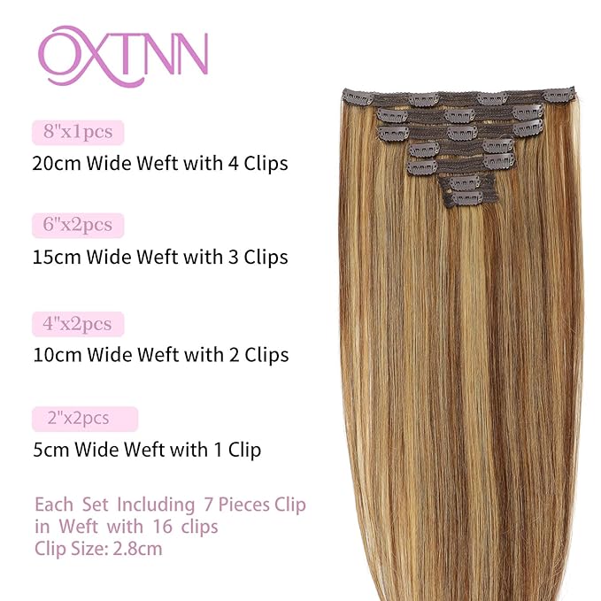 Clip in Hair Extensions Real Human Hair Chocolate Brown to Caramel Blonde 20 inch 7pcs 80g/Pack, Human Hair Clip in Extensions, Salon-Grade Quality, Easy Comfort Wear for Women (#P4/27, 20 inch)