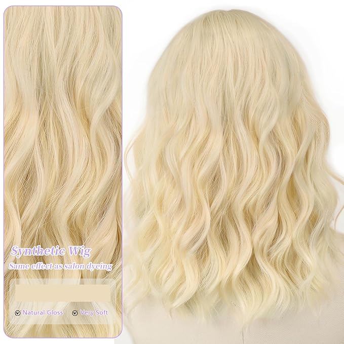 AISI HAIR 14 Inch Platinum Wigs for Women - Shoulder Length Wave Wig with Pre-Cut Lace Hairline, Middle Part Natural Wavy Bob Synthetic Heat Resistant Fiber for Daily and Party