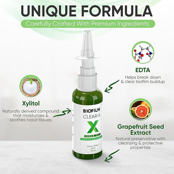 BioFilm Clear-X Nasal Spray with EDTA, Xylitol and Grapefruit Seed Extract, 2 fl oz 60 ml, 500 Sprays per Bottle