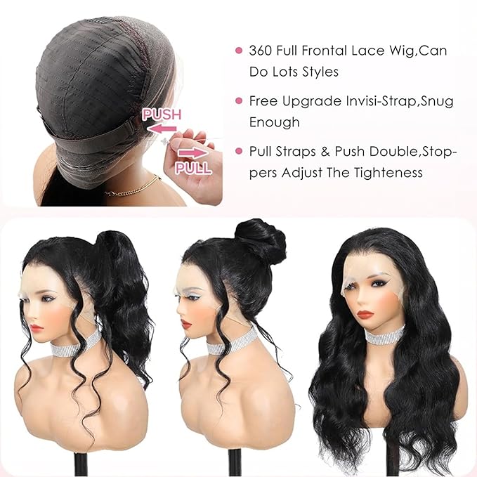 360 Lace Front Wigs Human Hair 220% Density Hidden Straps Body Wave HD Lace Front Wigs with Drawstring 360 Full Lace Wigs Brazilian Virgin Human Hair Wig for Women Natural Black 34Inch