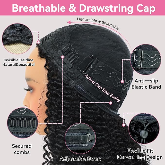 IUPin Curly Half Human Hair Wig 20 Inch 200% Density 3 In 1 Seamless Flip Over Glueless Wear And Go Wigs Human Hair With Update Drawstring Headband Seamless Clip Ins Kinky Curly Wigs For Women