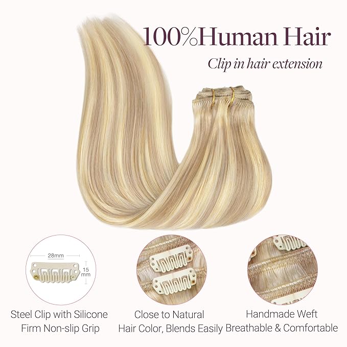 GOO GOO Clip in Hair Extensions Real Human Hair, Remy Human Hair Extensions Clip ins for Women, Natural Human Hair, 22inch 150g 9 Pcs, #18F/60A Balayage Light Wheat Platinum Blonde