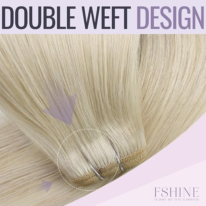 Fshine White Blonde Hand Tied Weft Hair Extensions 18 Inch 100 Grams Sew in White Blonde Double Weft Sew in Remy Human Hair Straight for Women