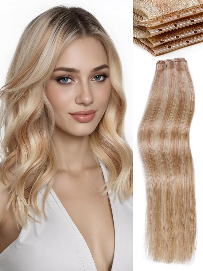 WIGNEE Double Invisible PU OVO Human Hair Extensions 100% Remy Hair Weft Strawberry Highlight Blonde Hair Extensions Human Hair 14 Inch Glueless Wefts Real Human Hair Extensions (18/613)