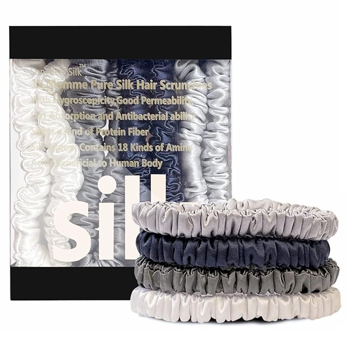 Suncdelv Silk,100% Silk Scrunchies for Hair,22 Momme Hair Ties for Anti-Crease & Breakage,Natural Women Hair Accessories，Fashion Hairbands 4PCS（Grey series）
