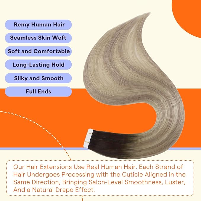 Full Shine Tape in Hair Extensions Human Hair 20 Inch Invisible Tape in Extensions Color 2/18/60 Brown Ombre Blonde 50g Remy Natural Hair Extensions Real Human Hair Tape Ins 20PCS for Women