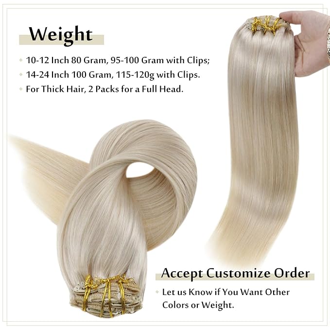 Full Shine Blonde Clip in Hair Extensions for Women Platinum Blonde Hair Extensions Clip in Real Human Hair Full Head Triple Weft 14 Inch 120 G 7 Pcs