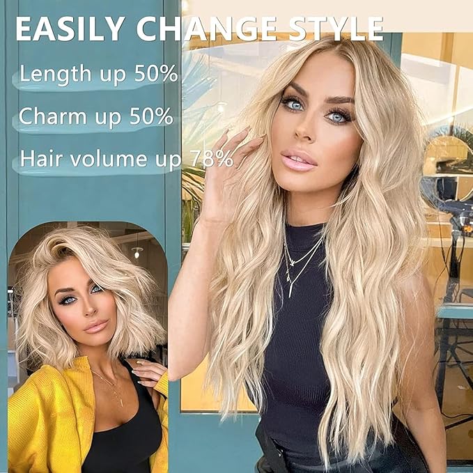 ALXNAN Clip in Hair Extensions, Long Wavy Blonde Hair, 24 Inch 4PCS Thick Fiber Double Weft Hairpieces
