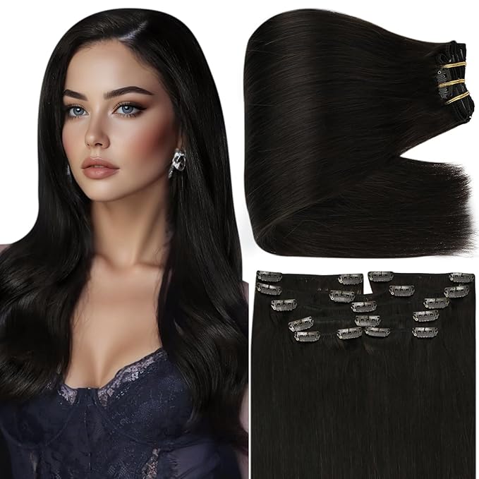 Full Shine Clip in Hair Extensions Human Hair Black 24 Inch Clip in Extensions Real Human Hair for Volume Full Head Triple Weft 7 Pcs 150 G