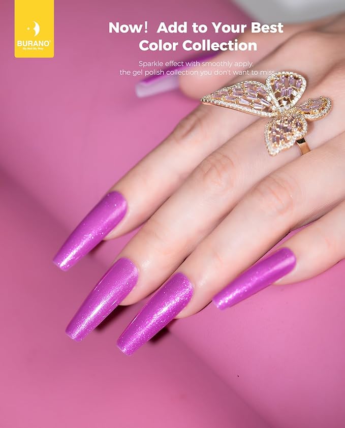 BURANO Glitter Gel Nail Polish with LED UV Cure, Shimmer Holographic Effect - Sparkle Gel for Home DIY Salon (Rose Purple LP56)