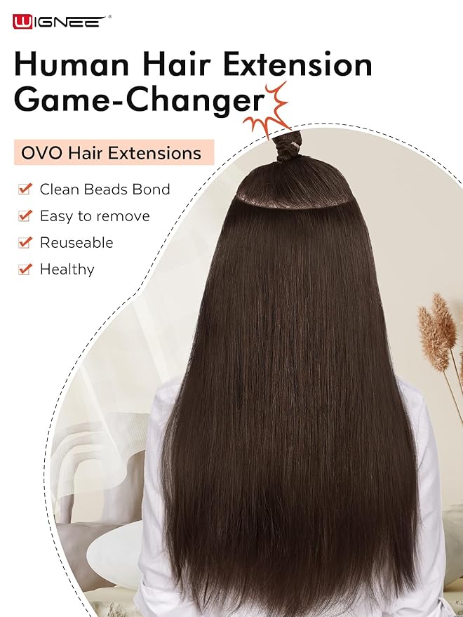 WIGNEE Double Invisible OVO Human Hair Extensions 100% Remy Hair Weft 22 Inch Brown Hair Extensions Real Human Hair 2 PCS Glueless Genius Weft Micro Bead Real Human Hair Extensions for Women (2)