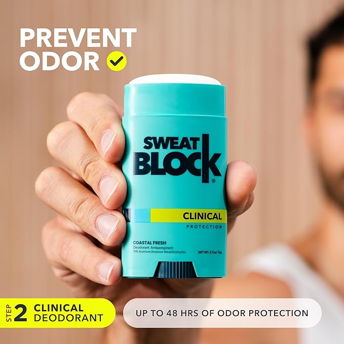 SweatBlock Clinical Strength Antiperspirant and Deodorant System for Men and Women Roll-On 1.2 fl oz for Sweat Control Plus 2.7 oz Stick for 48 Hour Odor Protection Hyperhidrosis Treatment Kit