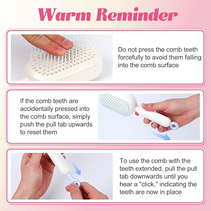 Self Cleaning Hair Brush, Retractable Cushion Massage Comb Brush, One-pull Clean Anti Static Brushs, Hairs Styling Tools for All Hairs Types, Retractable Hair Brush for Women Men (pink)