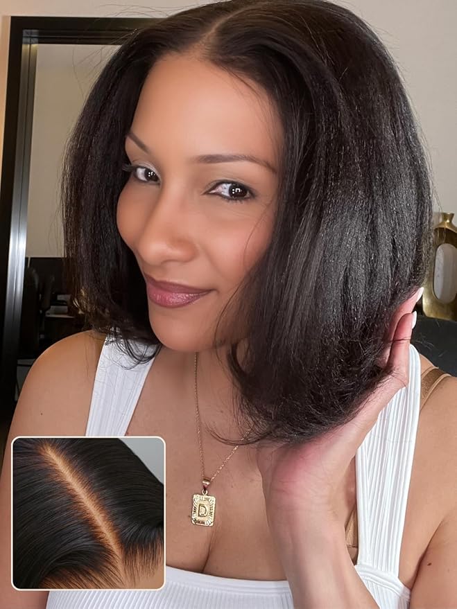 Nadula Bye Bye Knots Yaki Straight Bob Glueless Wig Pre Cut/Plucked/Bleached 7x5 Lace Front Wigs Human Hair Invisible Knots Pre Everything 3S Ready to Go Short Yaki Bob Wigs 150% Density 14inch