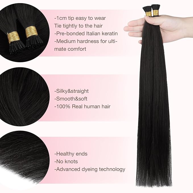 GOO GOO GOOGOO I Tip Hair Extensions Human Hair 50g 100 Strands Real Human Itip Extensions Pre Bonded Natural Black 16inch