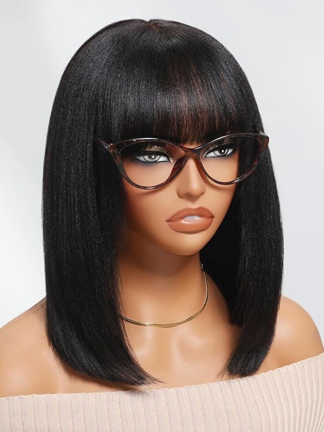 Julia Hair 14 Inch Light Yaki Straight Bob Wig with Bangs Human Hair Glueless 2x4 HD Lace Realistic Short Black Ready to Wear Blunt Cut Bob Wigs Natural for Black Women Beginner Friendly