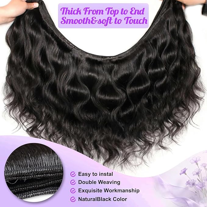 Human Hair Bundles Body Wave 100% Unprocessed Brazilian virgin Remy human hair Raw Hair Bundles for Women Natural Black 22 24 26 28 Inch, Keep Soft and Silky After Multiple Washes