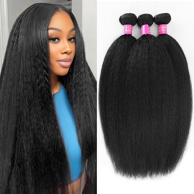 20 22 24 Inch Kinky Straight Bundles Yaki Straight Human Hair Bundles 3 Bundles 100% Unprocessed Brazilian Virgin Hair Full and Thick Weave Kinky Straight Human Hair For Black Women