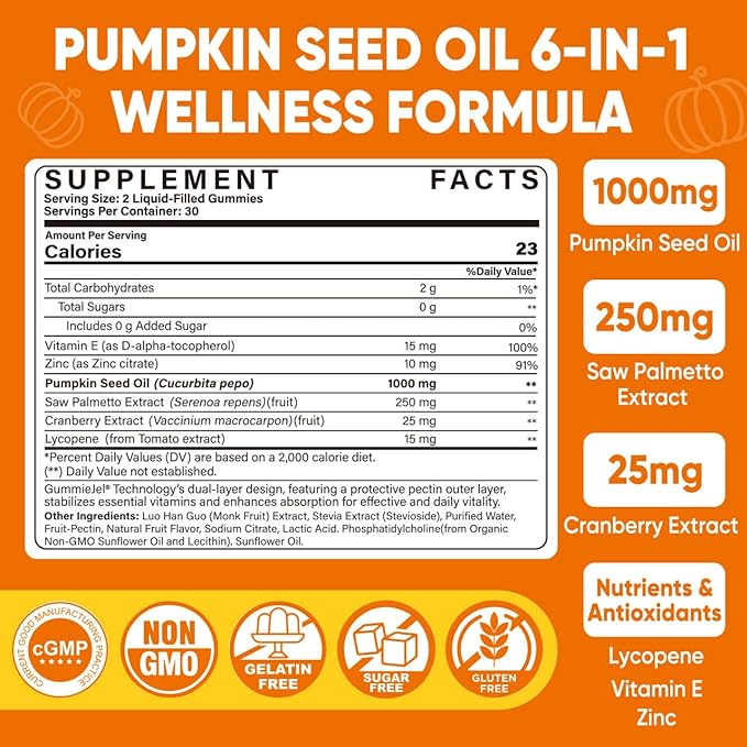 Pumpkin Seed Oil Gummies 1000mg with Saw Palmetto, Cranberry, Lycopene, Vitamin E, Zinc, Cold Pressed, Pure Virgin Pumpkin Seed Oil for Hair Growth, Skin, Urinary, Bladder & Prostate Health, 60 Count