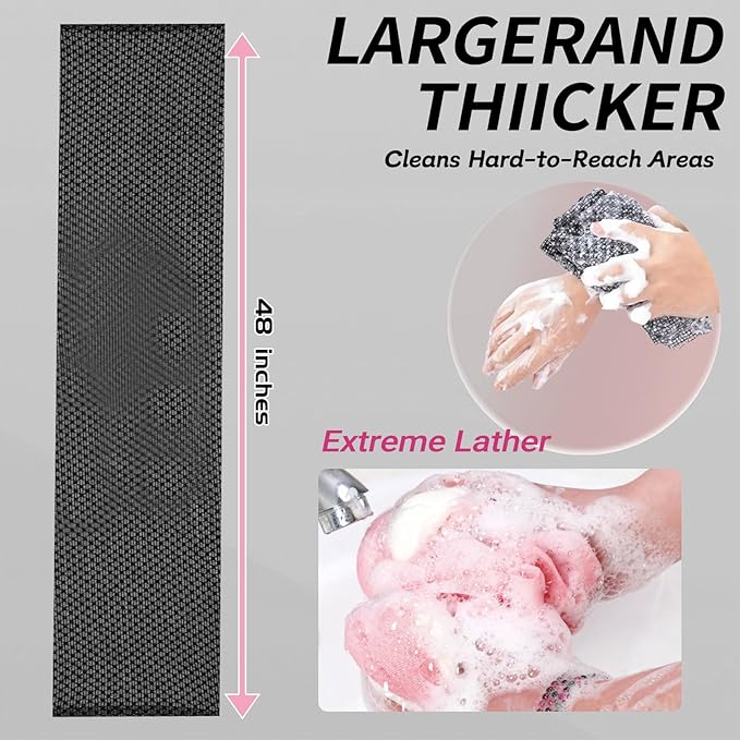BLISSAL Exfoliating Shower Towel 47", Advanced Exfoliating Microfiber Towel, Premium Scrub Bathroom Towel Set for Smooth Skin, Quick Drying Durable and Gentle for Sensitive Skin (Black)