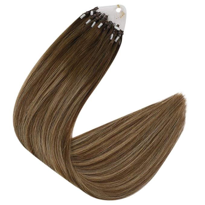Fshine Micro Ring Human Hair Extensions - Middle Brown Fading to Caramel Highlight, Remy Micro Loop, 20 Inch 50g Balayage Straight Hair