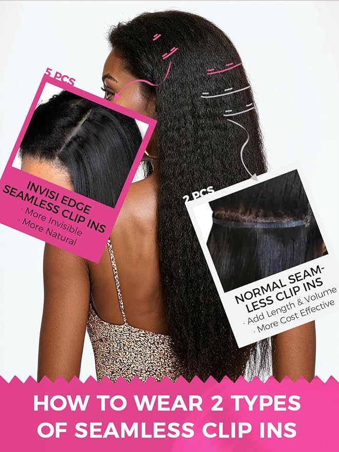 Lashey Invisi Edge & Seamless Clip in Hair Extensions Human Hair, 18 Inch 110g 7pcs(5pcs Invisi Edge& 2pcs Seamless) Real Virgin Human Hair Extensions, Natural Black Kinky Straight Hair