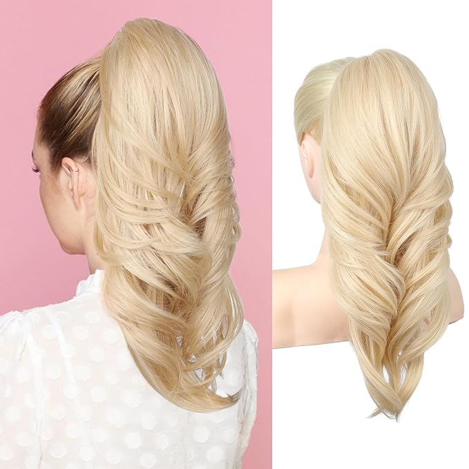 SEIKEA Versatile Drawstring Ponytail Extension, 18" Long Wavy Multi Layered Clip in Ponytail Hair Extensions Stand Up High Fake Pony Tail Soft Natural Synthetic Hairpiece for Women Cool Light Blonde