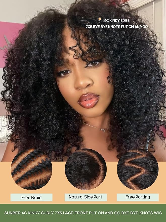 Sunber Bye Bye Knots 4C Kinky Curly Pre Cut Lace 7x5 Lace Front Glueless Curly Put On Go 3S Wear Afro Curly Human Hair Wig Pre Bleached Invisible Knots 150% Density Pre Plucked with Baby Hair 24Inch