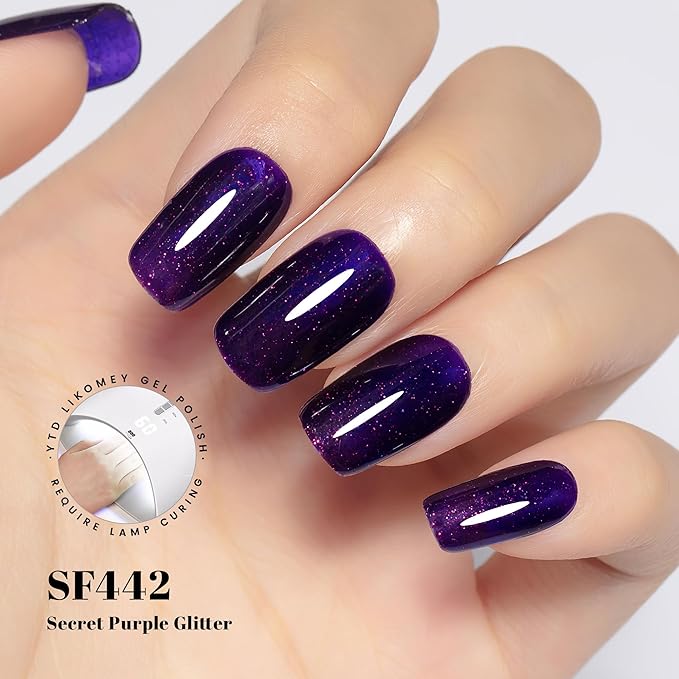 YTD Likomey Gel Nail Polish,15ml Secret Purple Glitter Nails Gel,Fall Winter Shiny Sparkly Salon Home DIY Manicure UV Color Varnish,SF442