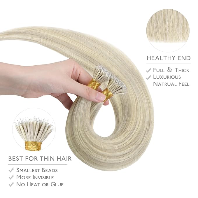 WENNALIFE Nano Bead Hair Extensions Human Hair, 50g 50s 24 Inch Ash Blonde Highlighted Platinum BlondeReal Human Hair Extensions for Women Invisible Nano Ring Hair Extensions Remy Hair Extensiones